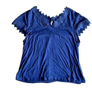 Venus Blue Blouse Women's Embroidery Lace Short Sleeve V Neck Keyhole Viscose‎ L